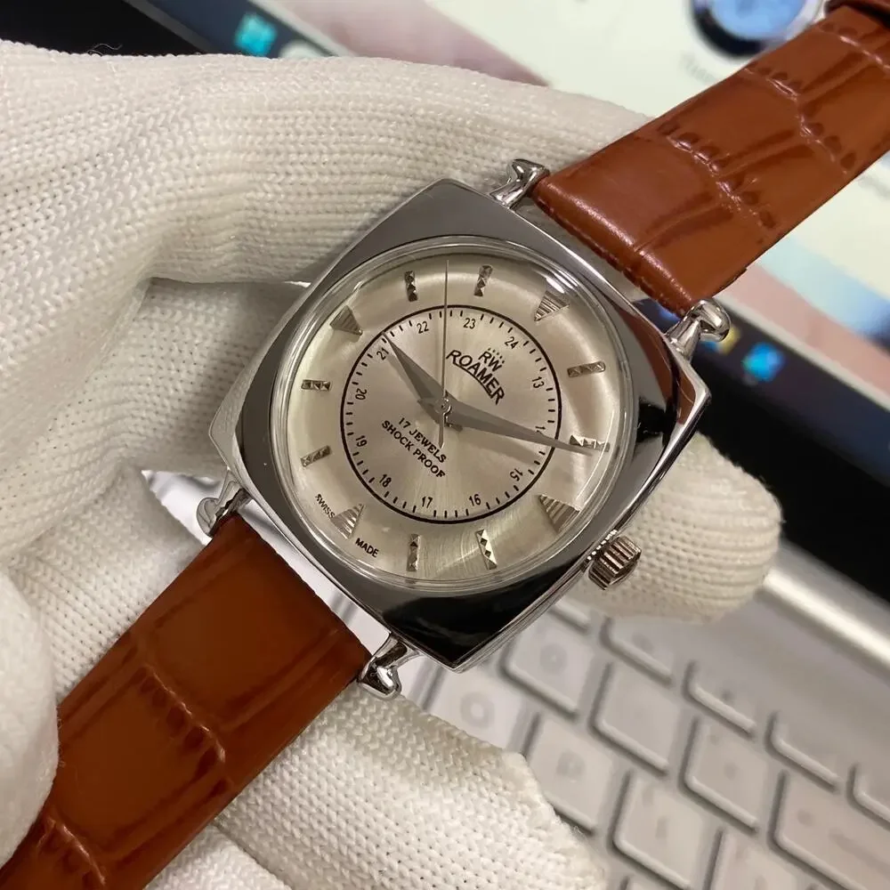 Vintage 1977 Roamer Manual Mens Silver Watch W/Leather Strap & White accents